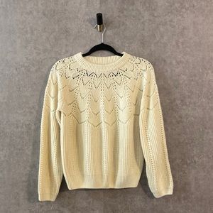 Women's Cream Crewneck Long Sleeve Pointelle Fair Isle Knit Sweater